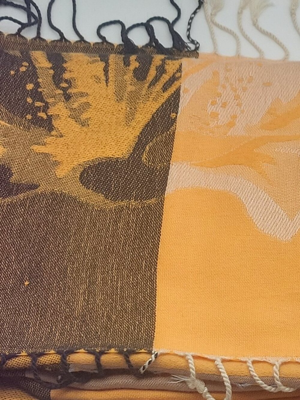 Pashmina Woven Floral Scarf Wrap Yellow Brown Beige Fringe Women Accessory